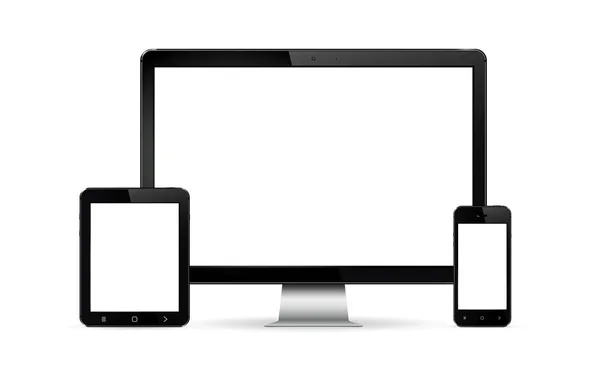 Modern digitális eszközök csoportja: számítógép-monitor, tablet és mozgatható telefon. — Stock Vector
