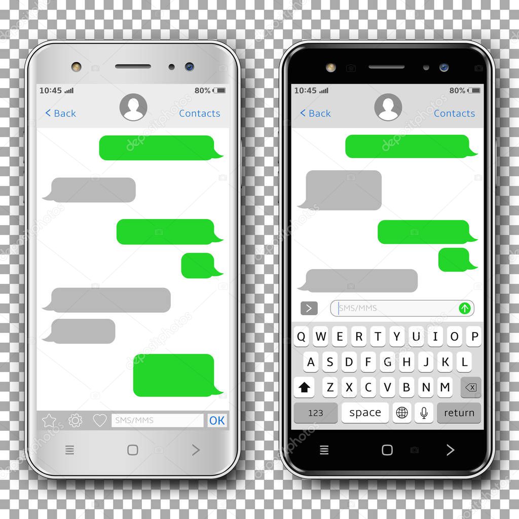 Vector smart phones with messaging sms app template, isolated on transparent background