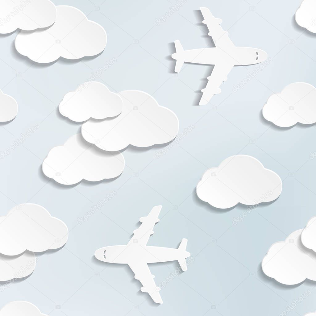 Vector abstract seamless background with paper planes and clouds