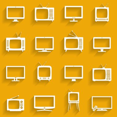 TV simgeler kümesi. Televizyon sembolleri ayarlayın. Beyaz düz simgeler.