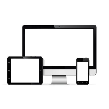 Modern dijital cihazlar bilgisayar monitörü, tablet ve akıllı telefon.