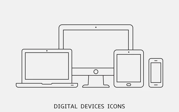 Wektor zestaw konturu ikony urządzeń. Monitor, laptop, tablet i smartphone — Wektor stockowy