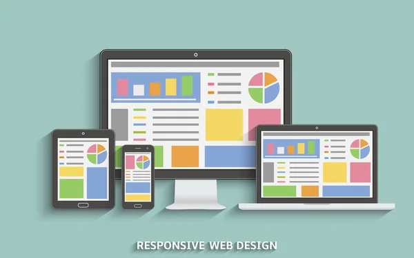 レスポンシブ web デザイン。Web デザイン技術のデバイス。ノート パソコン、デスクトップ コンピューター、タブレット、携帯電話 — ストックベクタ