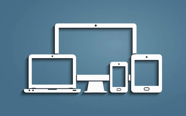 Ikony urządzeń - smartfona, tabletu, laptopa i komputera stacjonarnego. Ilustracja wektorowa responsive web design. — Wektor stockowy