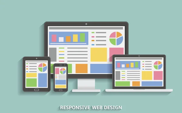 レスポンシブ web デザイン。Web デザイン技術のデバイス。ノート パソコン、デスクトップ コンピューター、タブレット、携帯電話 — ストックベクタ