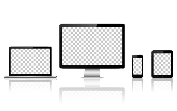 Computer realistico, laptop, tablet e telefono cellulare con schermo trasparente carta da parati isolato — Vettoriale Stock