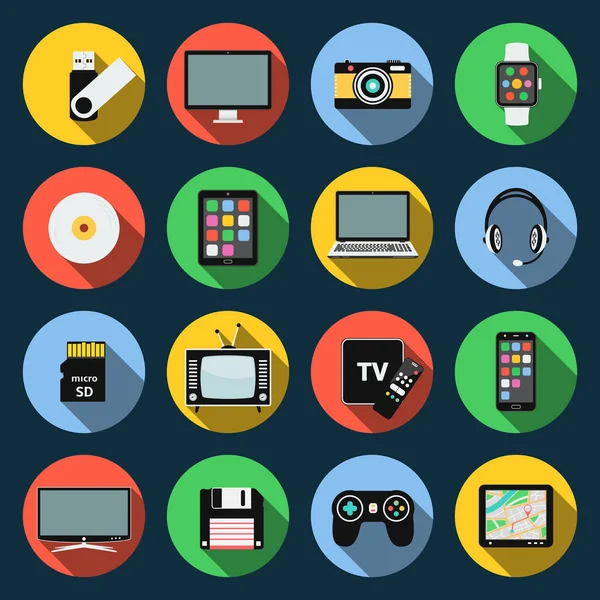Miniaplikaci ploché ikony. Počítač, notebook, tablet, flash disk, fotoaparát, smartphone a další. — Stockový vektor