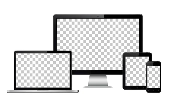 Ordinateur réaliste, ordinateur portable, tablette et téléphone portable avec écran de papier peint transparent isolé — Image vectorielle