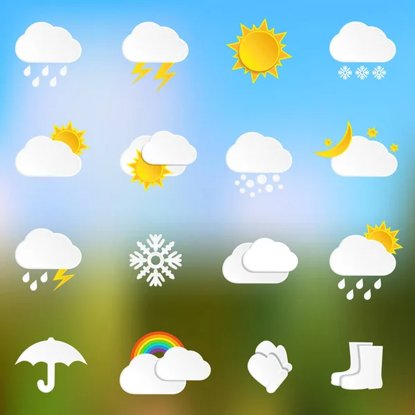 Wetter-Symbole aus Papier auf verschwommenem Hintergrund — Stockvektor