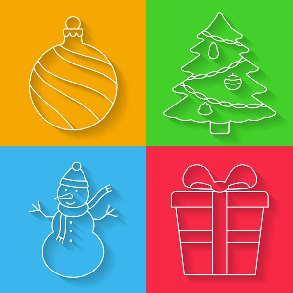 Χριστουγεννιάτικη γραμμή εικονίδια: Χριστουγεννιάτικη μπάλα, Χριστουγεννιάτικο δέντρο, χιονάνθρωπος, κουτί δώρου — Διανυσματικό Αρχείο