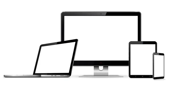 Conjunto de telas em branco com monitor de computador, laptop, tablet e smartphone — Vetor de Stock