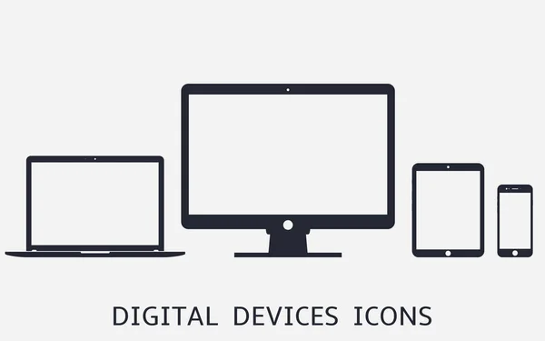 Conjunto de iconos de dispositivos digitales. Ilustración vectorial del diseño web sensible. Teléfono inteligente, tableta, computadora portátil y computadora de escritorio — Vector de stock