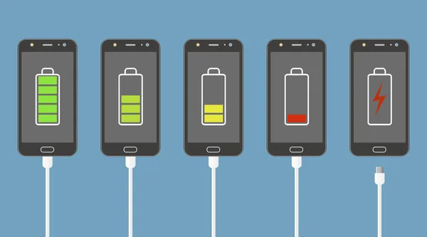 Set di smartphone con indicatori di livello di carica della batteria e connessione caricabatterie. — Vettoriale Stock