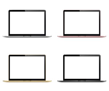 Laptop collection with blank screen isolated. Silver, grey, gold and rose color.