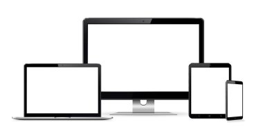 Akıllı telefon, tablet, laptop ve masaüstü bilgisayarı. Karşılıklı web tasarımının vektör illüstrasyonu.