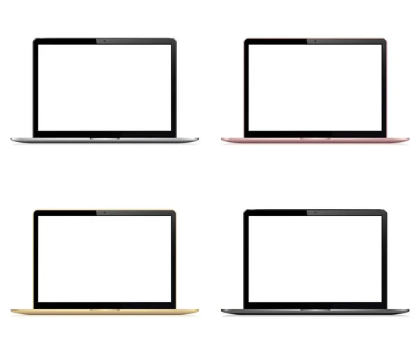 Laptop collection with blank screen isolated. Silver, grey, gold and rose color. — Stok Vektör