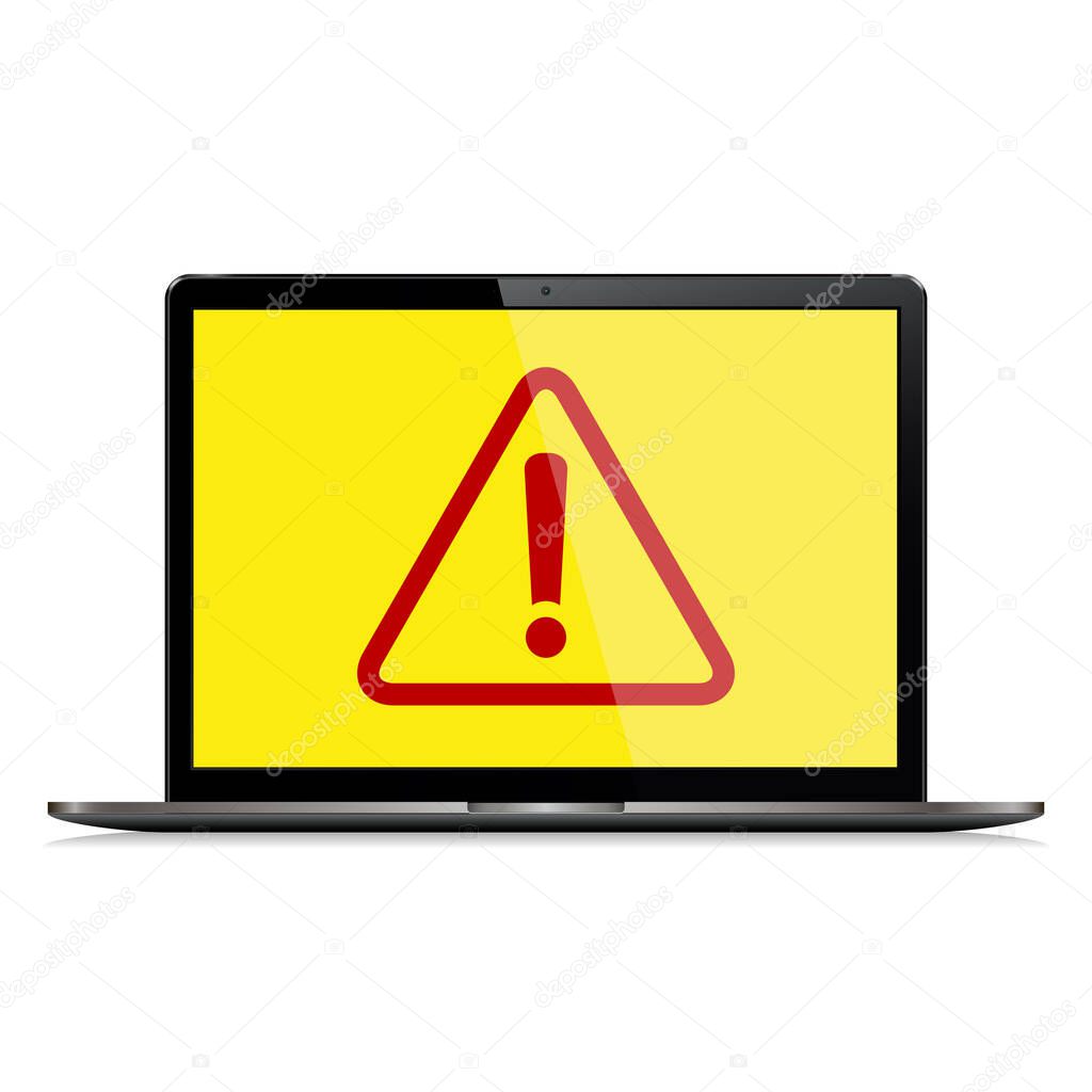 Laptop screen with caution sign