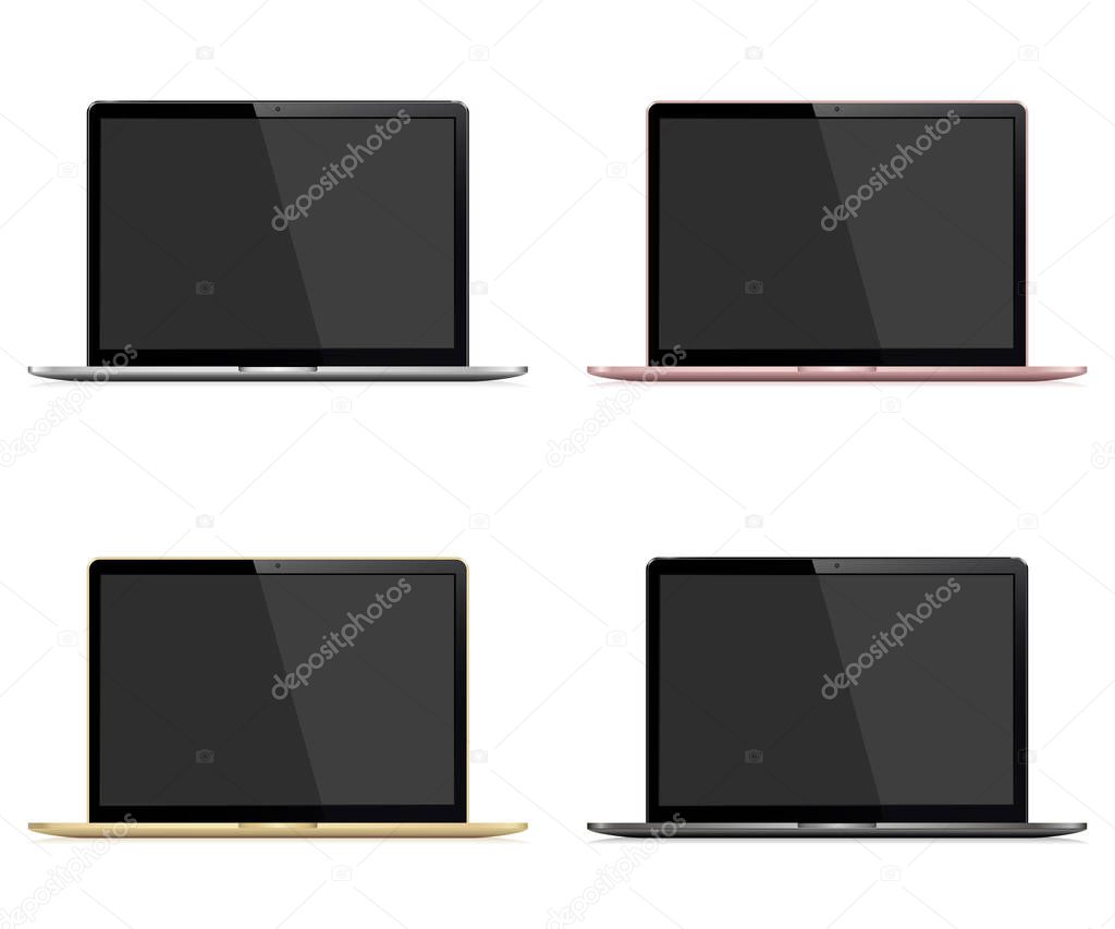 Laptop vector set. Silver, dark grey, gold and rose color.