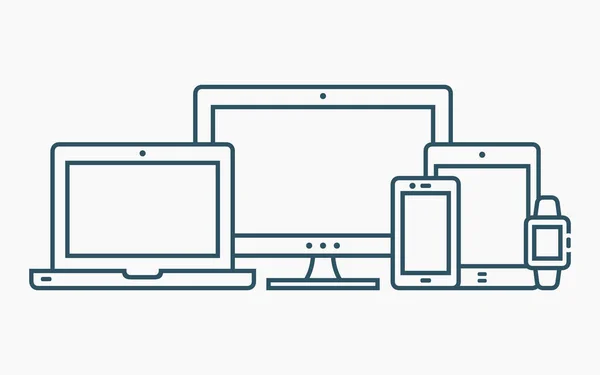 Ilustração Linear Vetorial Dispositivos Para Programação Web Responsiva Computador Laptop —  Vetores de Stock