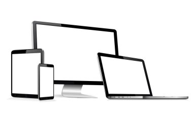 Tepkili web tasarımı bilgisayar görüntüleme, dizüstü bilgisayar, cep telefonlu tablet bilgisayar. Vektör illüstrasyonu.