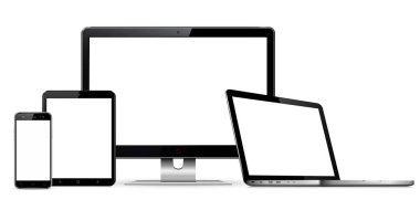 Modern bilgisayar monitörü, dizüstü bilgisayar, dijital tablet ve boş ekranlı cep telefonu. Beyaz arka planda izole edilmiş. Vektör Eps10