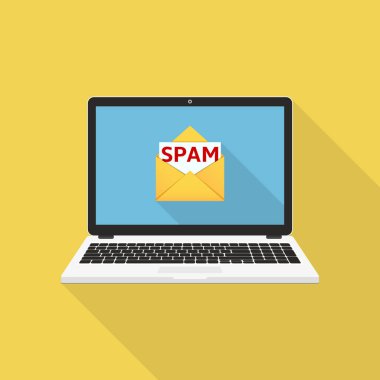 Spam e-posta vektör illüstrasyonlu dizüstü bilgisayar, düz tasarım