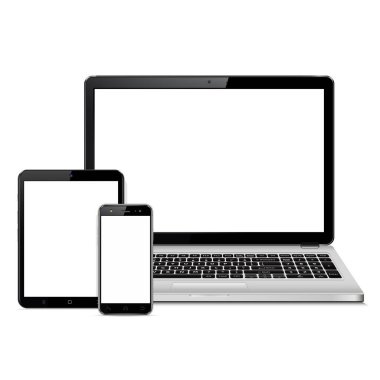 Laptop, tablet bilgisayar ve cep telefonundan oluşan boş ekran bir model. Uyumlu tasarım sunumu için. Vektör illüstrasyonu.