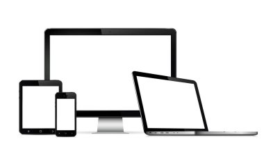 Bilgisayar monitörü, dizüstü bilgisayarı, tableti ve akıllı telefonu olan boş ekranlar. Vektör. resimleme.