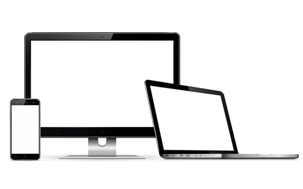 現代のコンピューター モニター ノート パソコン 空白の画面を持つ携帯電話 白い背景に分離 — ストックベクタ