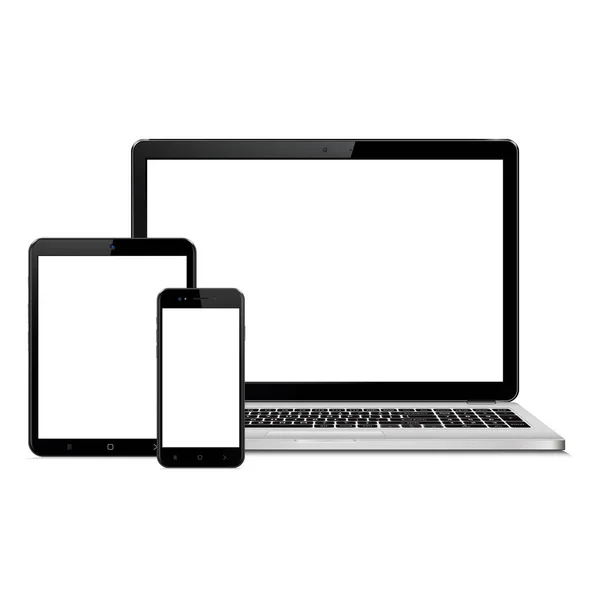 Dizüstü bilgisayar, tablet bilgisayar ve cep telefonundan oluşan boş ekranı kullan. Uyumlu tasarım sunumu için. Vektör illüstrasyonu.
