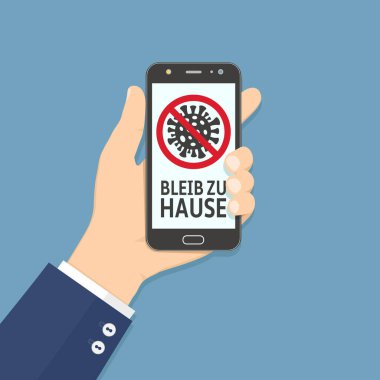 Bleib zu hause, telefon ekranındaki Almanca metinde kalın, düz stil illüstrasyon.