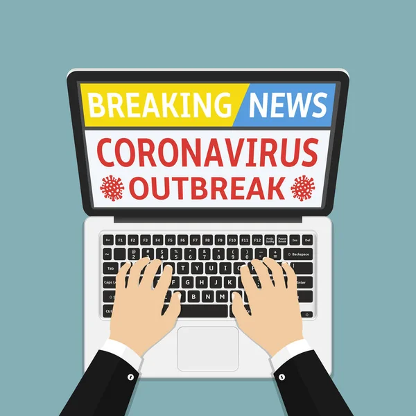 Coronavirus Covid Breaking News Flat Design Concept Human Use Laptop — Stock Vector