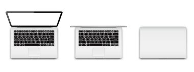 Modern laptop tamamen açıldı, kısmen açıldı ve kapatıldı. Vektör illüstrasyonu.