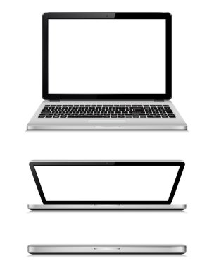 Modern laptop tamamen açıldı, kısmen açıldı ve kapatıldı. Vektör illüstrasyonu.