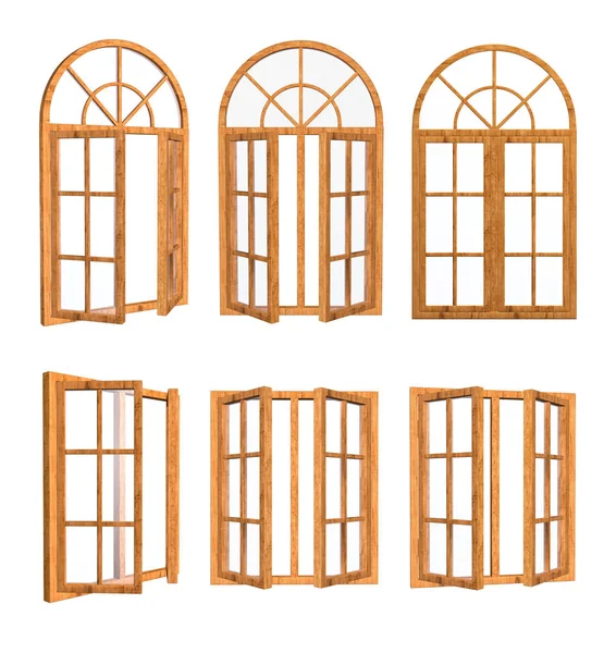 Zestaw okien drewnianych. na białym tle obraz 3D — Zdjęcie stockowe