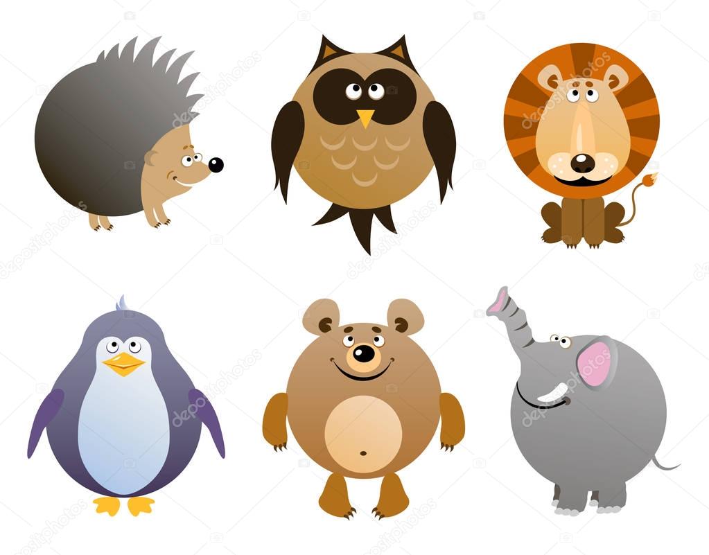 Set of vector cartoon animals - elephant, hedgehog, owl, penguin, bear, lion.