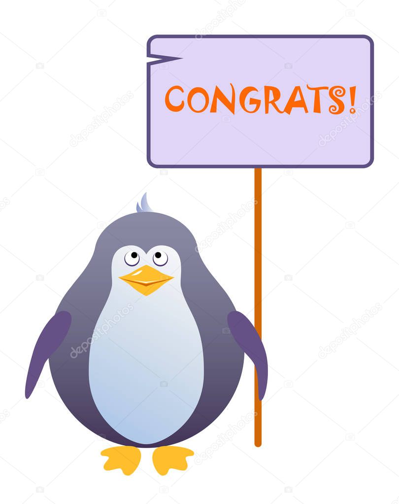 Penguin holds a sign with an inscription 