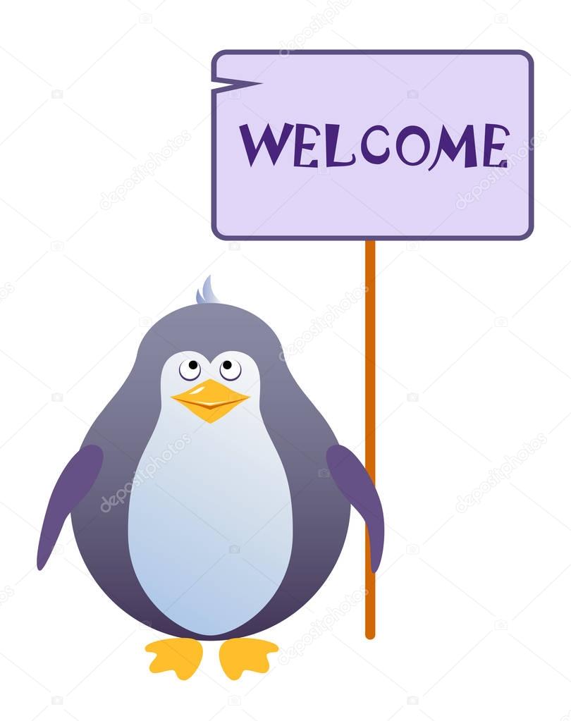 Penguin holds a sign with an inscription 