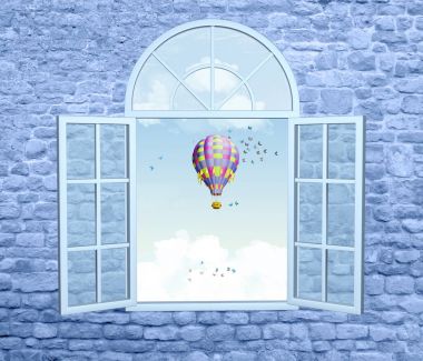 Açık bir pencere ve bir hava balonu ile romantik illüstrasyon