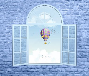 Romantic illustration with an open window and an air balloon clipart