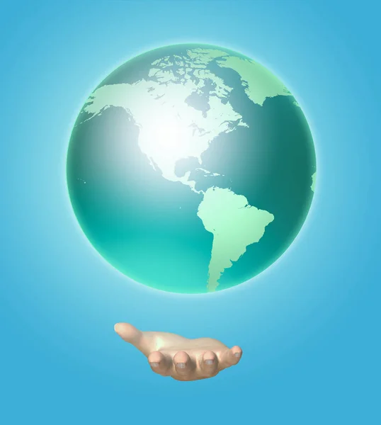 La mano humana sostiene un planeta tierra. Imagen 3D — Foto de Stock