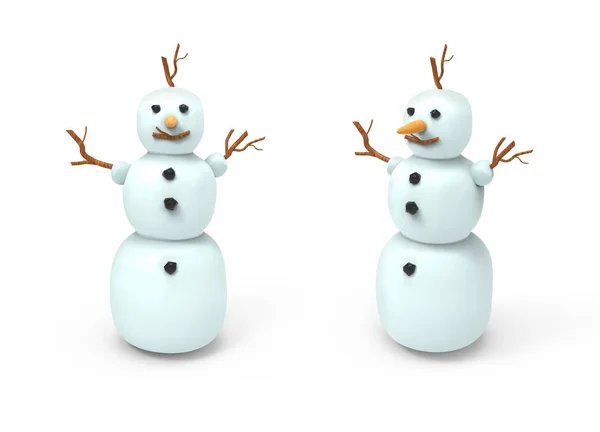 Two white snowmans. 3D image on white background — Stock Photo, Image