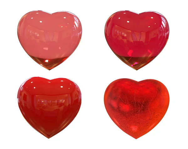 3D grandes corações vermelhos com diferentes materiais . — Fotografia de Stock
