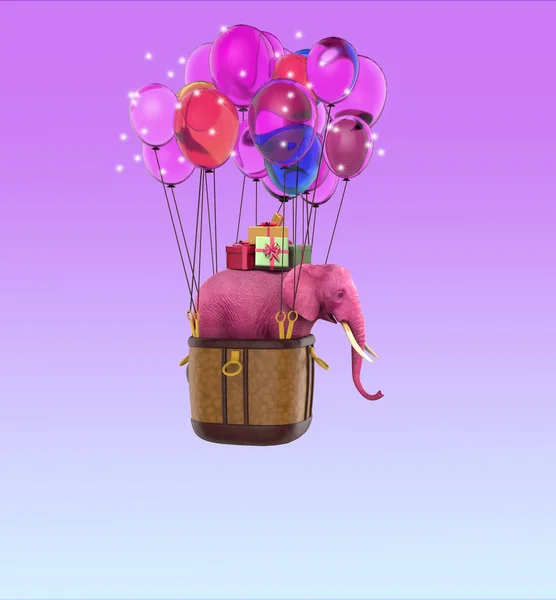 Pink elephant in the sky with gift boxes and balloons. — Stock Photo, Image