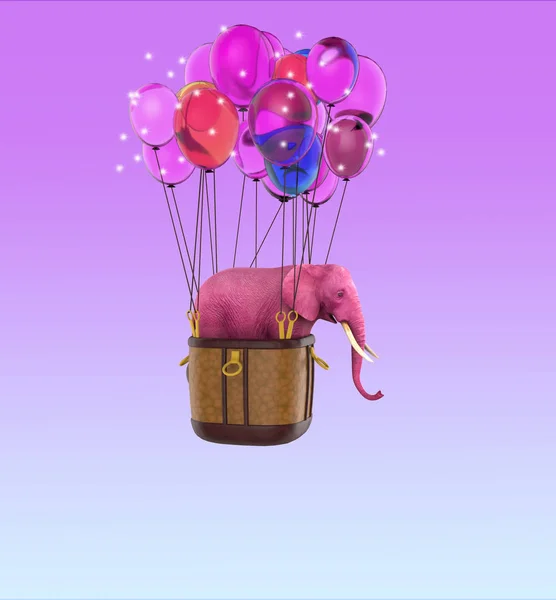 Elefante rosa no céu com balões . — Fotografia de Stock