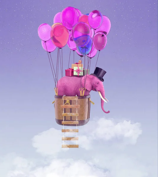 En rosa elefant flugor på ballonger över himlen. — Stockfoto