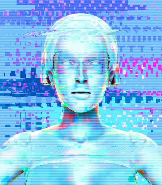 Portrait of female robot with glitch effect.