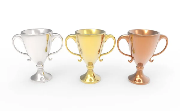 Три кубка трофеев, золото, серебро и бронза . — стоковое фото