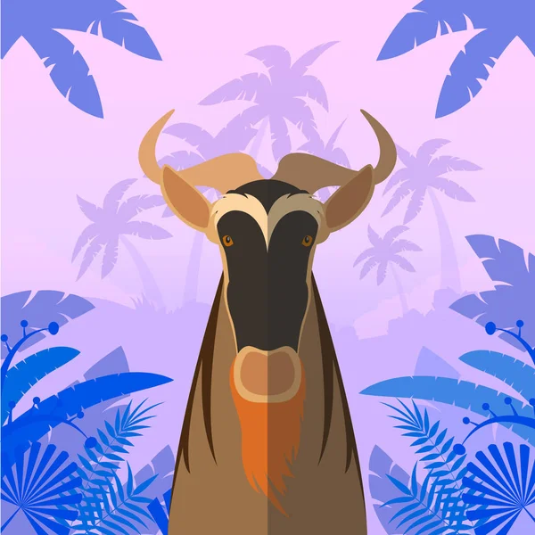 Horned Horse Gnu on the Jungle Background — Stock Vector