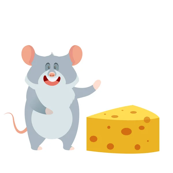 Grey Mouse and a Piece of Cheese — Stock Vector